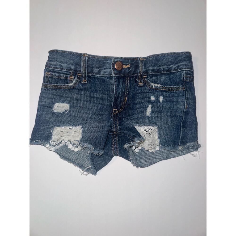 Old Navy Girls Size 5 Distressed Denim Shorts Lace Frayed Hem Adjustable